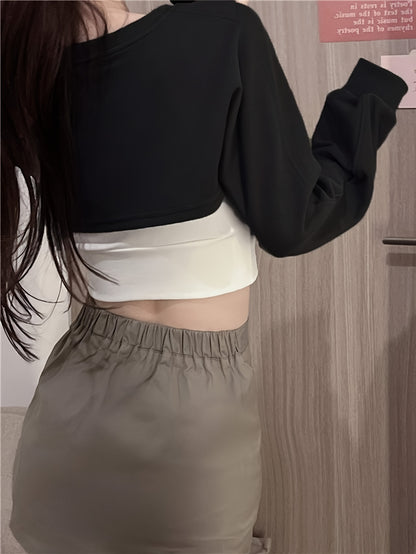 vlovelaw  Casual Two-piece Top Set, Crop Crew Neck Long Sleeve Sweatshirt & Letter Print Crop Summer Top, Women's Clothing