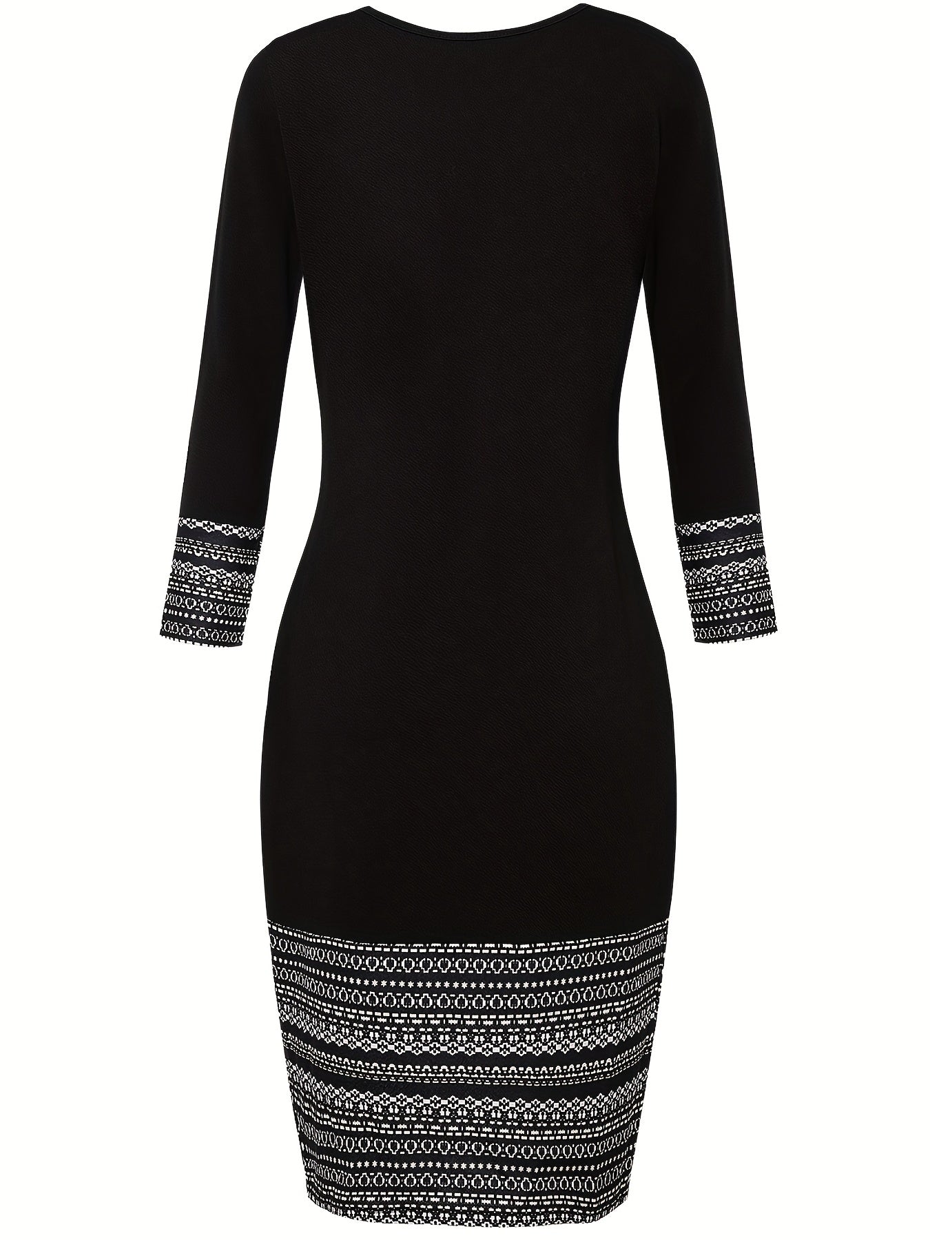 vlovelaw  Tribal Striped Print Dress, Elegant Slim Crew Neck Long Sleeve Bag Hip Dress, Women's Clothing