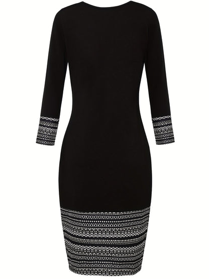 vlovelaw  Tribal Striped Print Dress, Elegant Slim Crew Neck Long Sleeve Bag Hip Dress, Women's Clothing