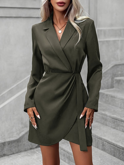 vlovelaw  Solid Bodycon Mini Dress, Elegant Contrast Collar Long Sleeve Dress, Women's Clothing