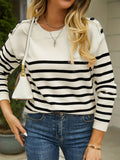 vlovelaw  Striped Crew Neck Pullover Sweater, Casual Button Shoulder Long Sleeve Sweater, Women's Clothing