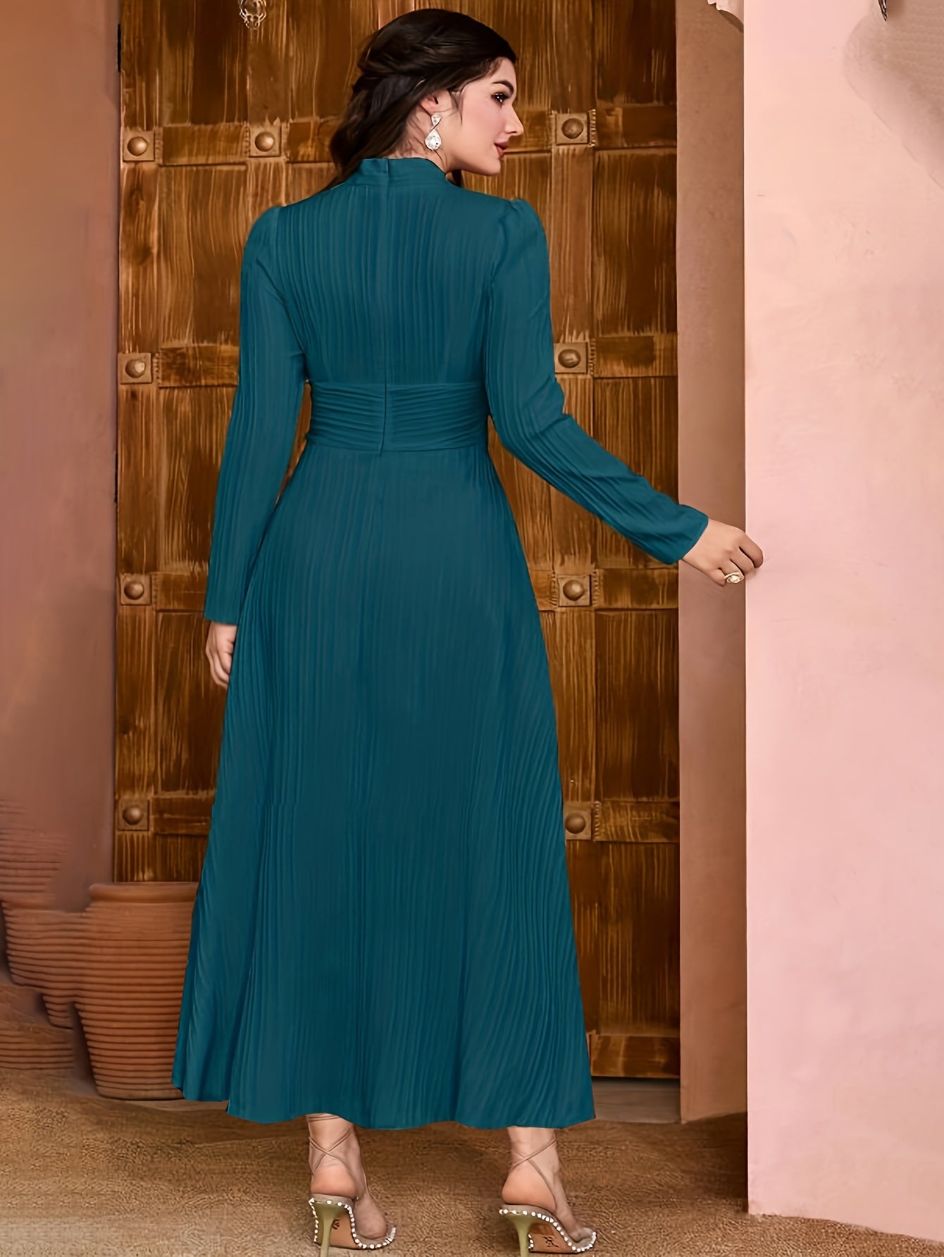 vlovelaw Solid V Neck Dress, Elegant Long Sleeve Shirred Waist Dress, Women's Clothing