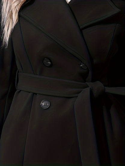 Solid Double Breasted Belted Coat, Casual Long Sleeve Lapel Outwear, Women's Clothing