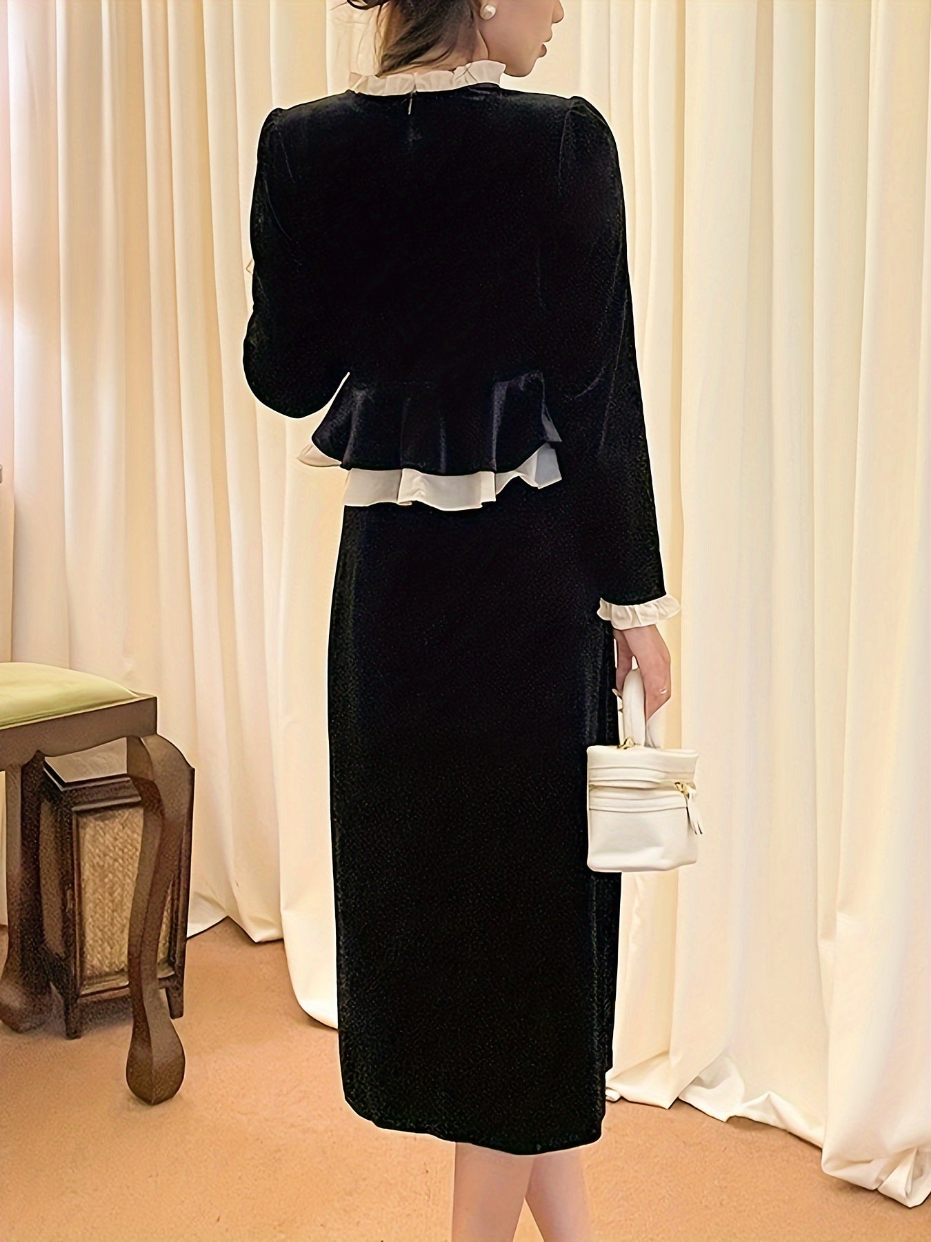 vlovelaw Elegant Velvet Two-piece Skirt Set, Contrast Trim Ruffle Trim Single Breasted Outwear & Solid Midi Skirt Outfits, Women's Clothing