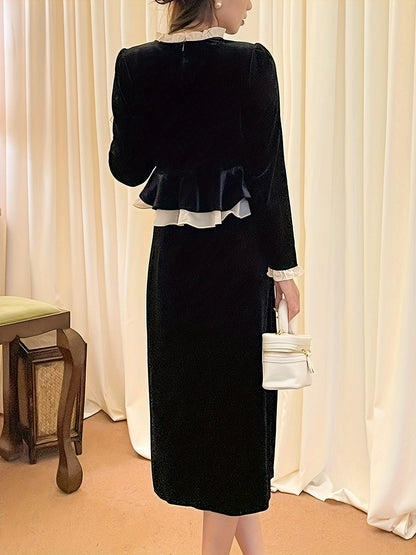 vlovelaw Elegant Velvet Two-piece Skirt Set, Contrast Trim Ruffle Trim Single Breasted Outwear & Solid Midi Skirt Outfits, Women's Clothing
