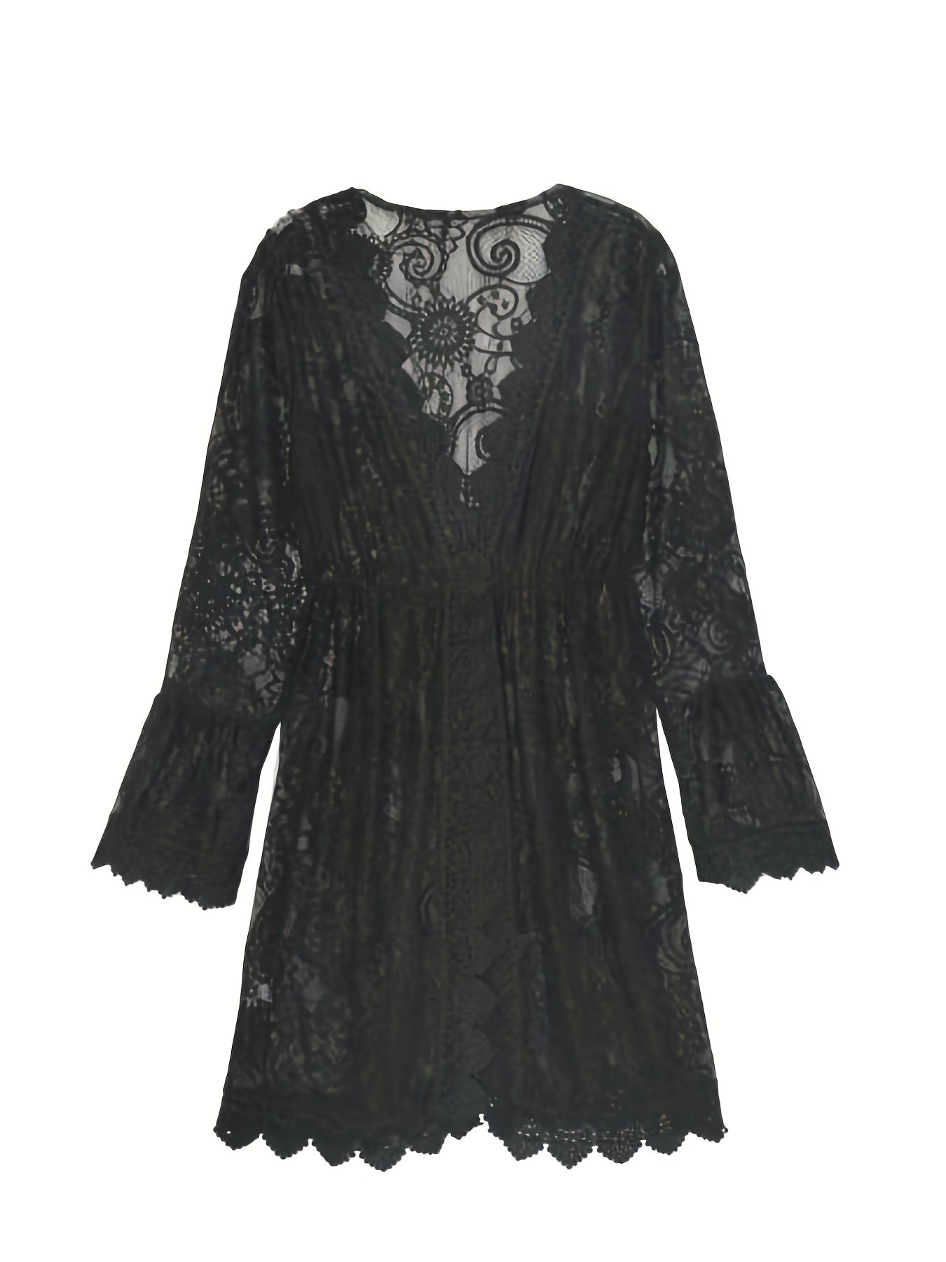 vlovelaw  Plunging V-neck Scallop Trim Lace Dress, Sexy Beach Wear Cover Up Dress, Women's Clothing