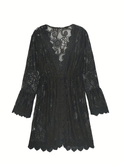 vlovelaw  Plunging V-neck Scallop Trim Lace Dress, Sexy Beach Wear Cover Up Dress, Women's Clothing