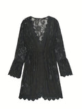vlovelaw  Plunging V-neck Scallop Trim Lace Dress, Sexy Beach Wear Cover Up Dress, Women's Clothing