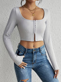 vlovelaw  Solid Crew Neck Crop T-Shirt, Casual Long Sleeve Top For Spring & Fall, Women's Clothing