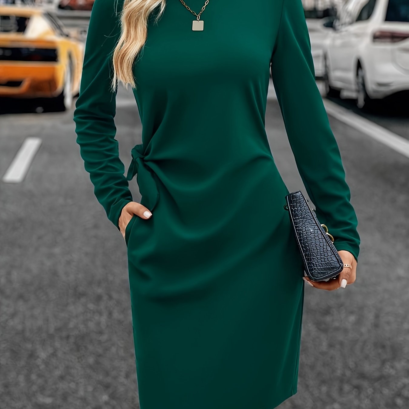 vlovelaw  Solid Knot Side Sheath Dress, Elegant Long Sleeve Crew Neck Above Knee Dress, Women's Clothing