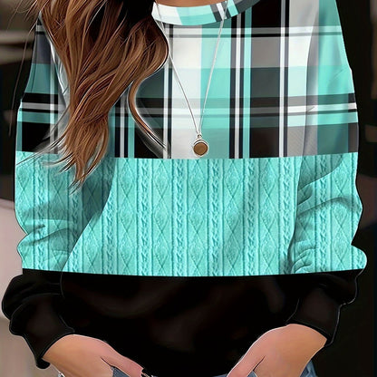 vlovelaw  Color Block Plaid Print Sweatshirt, Casual Crew Neck Long Sleeve Sweatshirt, Women's Clothing