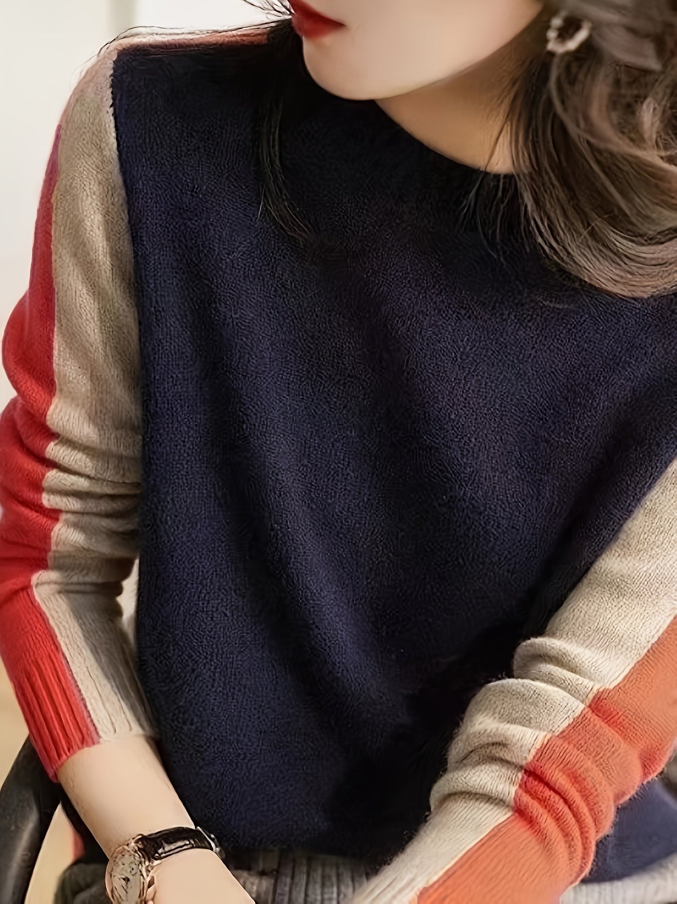 xieyinshe  Color Block Crew Neck Pullover Sweater, Casual Long Sleeve Basic Sweater, Women's Clothing
