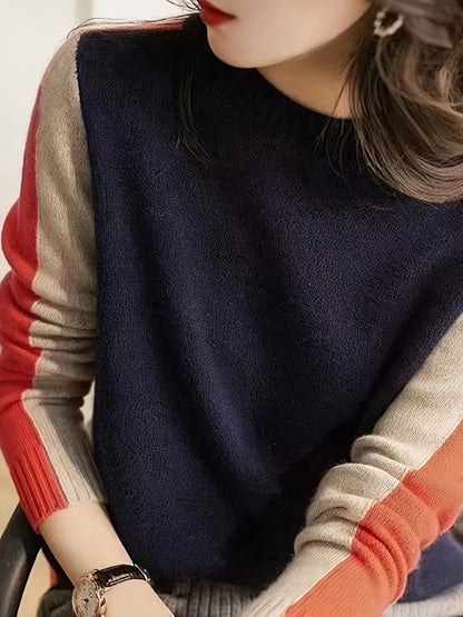 xieyinshe  Color Block Crew Neck Pullover Sweater, Casual Long Sleeve Basic Sweater, Women's Clothing