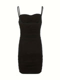 vlovelaw  Ruched Bodycon Solid Dress, Party Wear Spaghetti Strap Dress, Women's Clothing