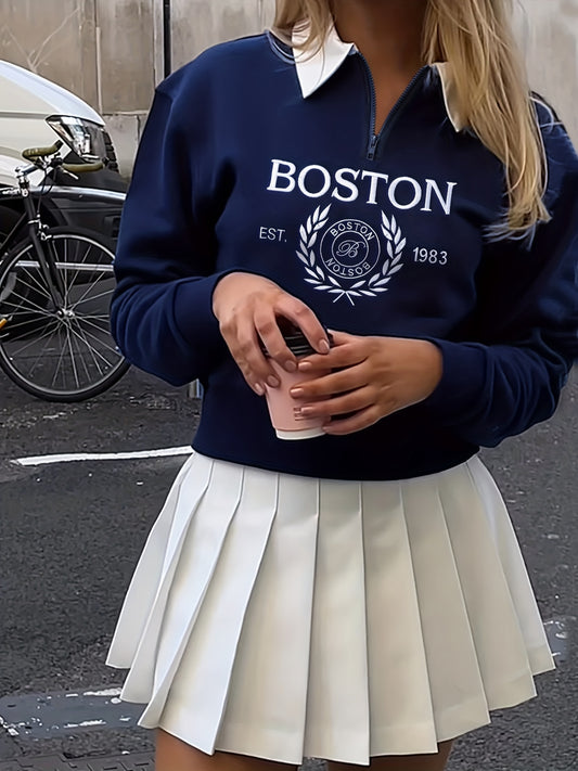 vlovelaw  Boston Print Zip Sweatshirt, Casual Long Sleeve Polo Collar Sweatshirt, Women's Clothing