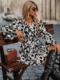 vlovelaw  Cow Print Long Sleeve Dress, V Neck Casual Every Day Dress For Winter & Fall, Women's Clothing