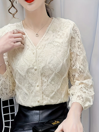 vlovelaw  Lace V Neck Button Front Blouse, Elegant Long Sleeve Blouse For Spring & Fall, Women's Clothing