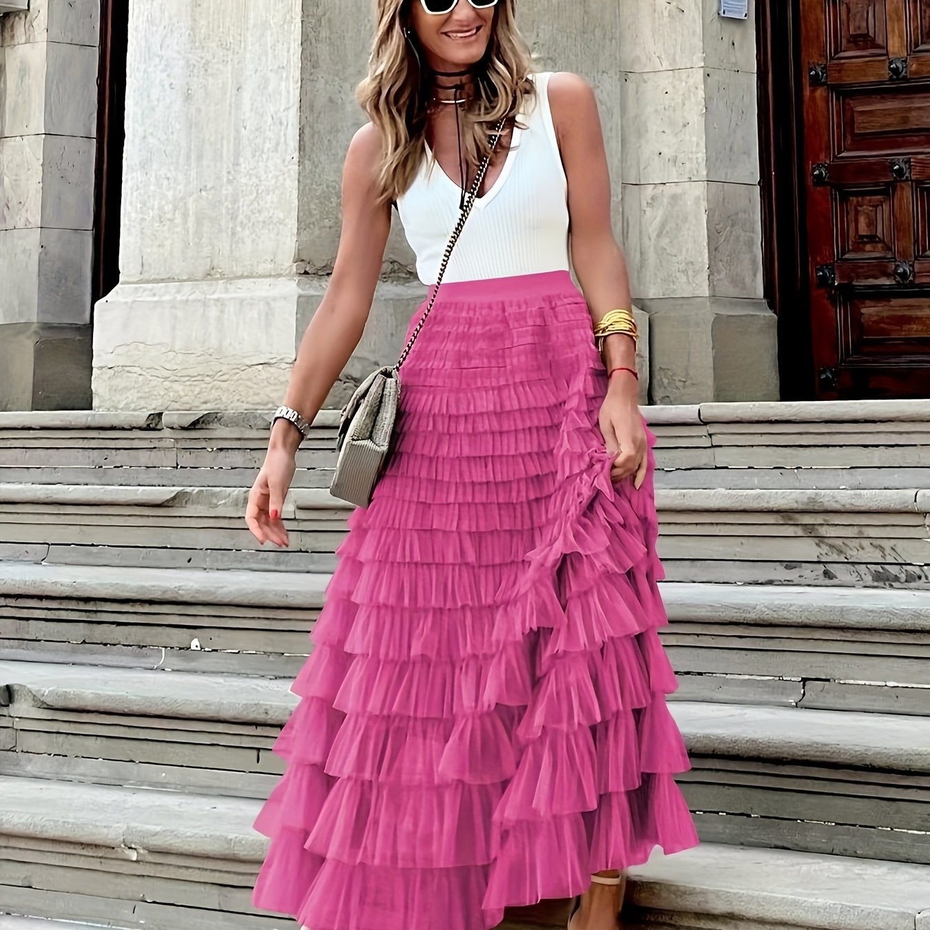 vlovelaw  Mesh Layered Hem Skirt, Boho High Waist Skirt, Women's Clothing