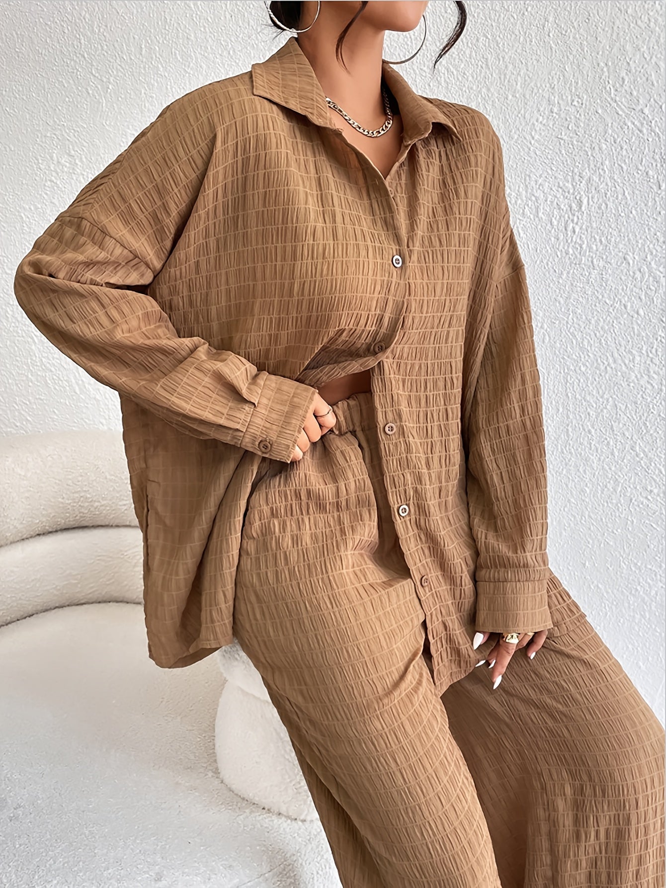 vlovelaw  Casual Textured Solid Two-piece Set, Long Sleeve Button Front Shirt & Straight Leg Pants Outfits, Women's Clothing