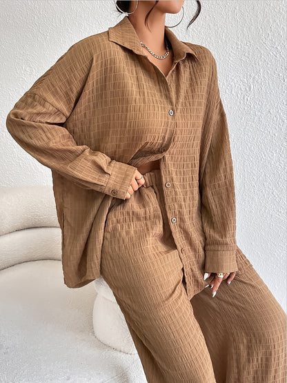 vlovelaw  Casual Textured Solid Two-piece Set, Long Sleeve Button Front Shirt & Straight Leg Pants Outfits, Women's Clothing