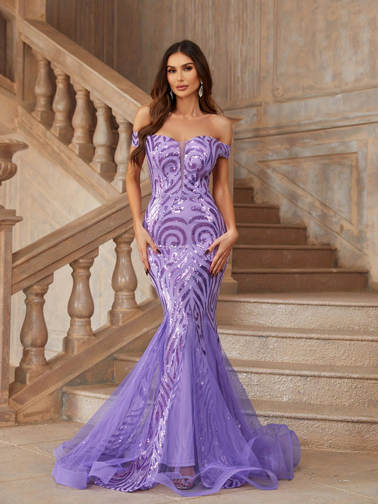 vlovelaw  Sequin Contrast Mesh Dress, Elegant Off Shoulder Evening Dress For Party & Banquet, Women's Clothing