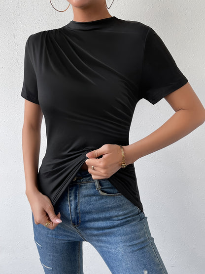 Solid Ruched Crew Neck T-Shirt, Casual Short Sleeve T-Shirt For Spring & Summer, Women's Clothing