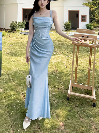 vlovelaw Ruched Spaghetti Strap Dress, Elegant Sleeveless Cami Dress For Party & Banquet, Women's Clothing