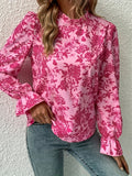 vlovelaw  Floral Print Ruffle Trim Blouse, Casual Crew Neck Long Sleeve Blouse, Women's Clothing