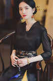 Chinese Style 3/4 Sleeve Dress, Vintage V Neck Slim Midi Dress, Women's Clothing