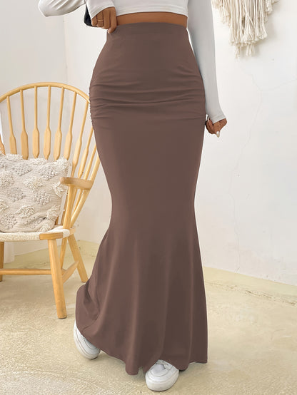 vlovelaw Solid Ruched High Waist Skirt, Elegant Slim Bodycon Skirt For Spring & Fall, Women's Clothing
