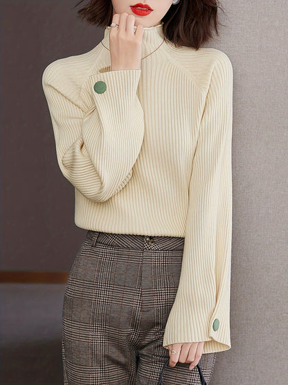 Button Decor Mock Neck Sweater, Elegant Long Sleeve Sweater For Fall & Winter, Women's Clothing