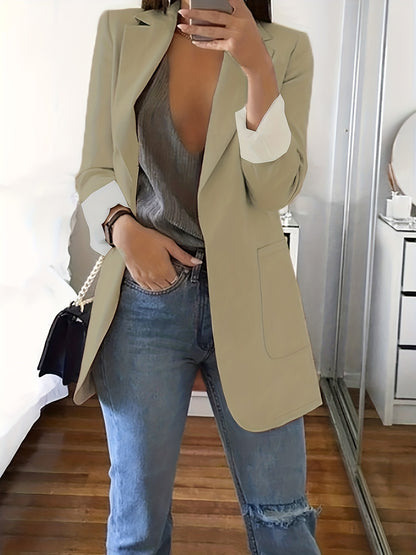 Solid Lapel Blazer, Casual Long Sleeve Open Front Work Office Outerwear, Women's Clothing