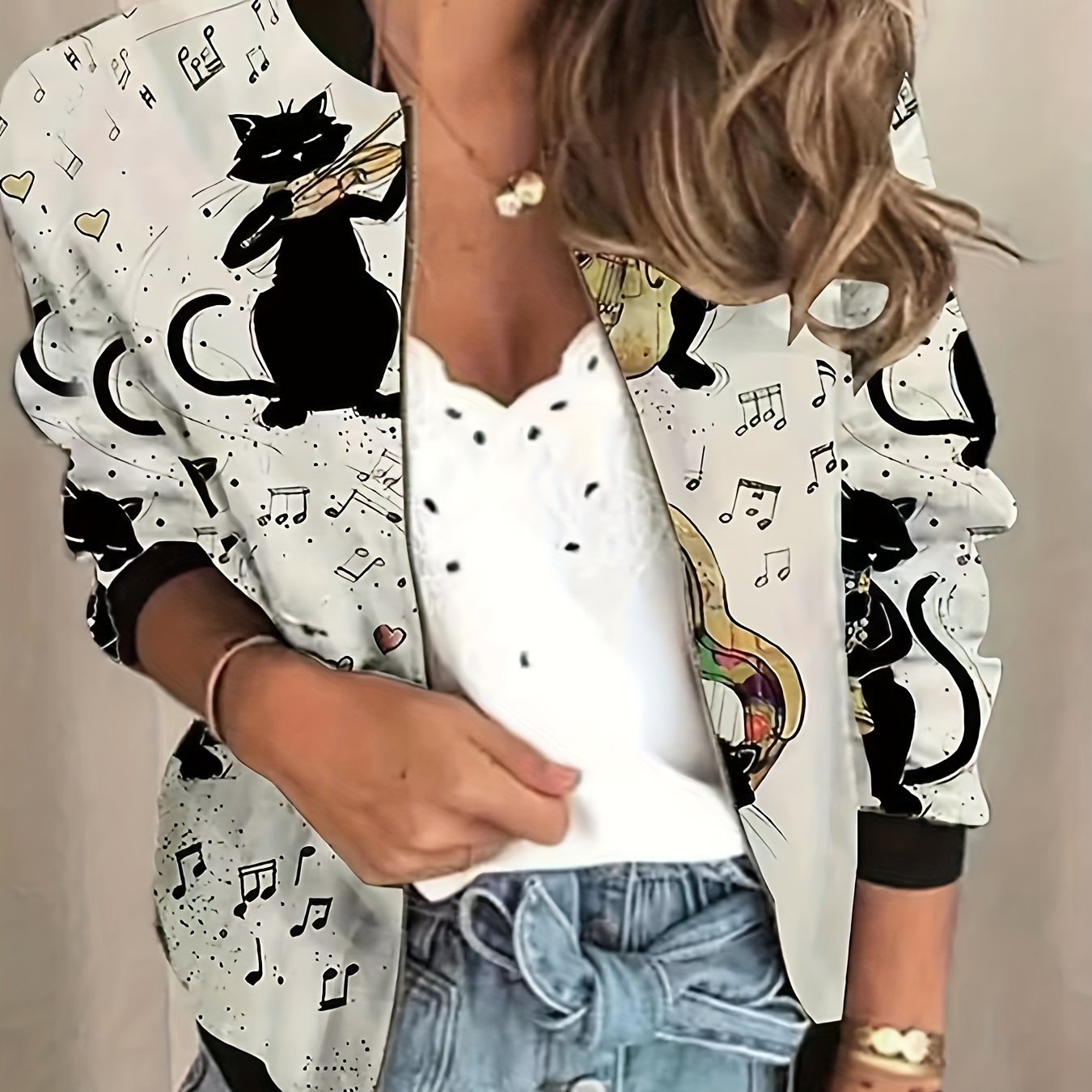 vlovelaw Graphic Print Zipper Jacket, Casual Baseball Neck Long Sleeve Outerwear, Women's Clothing