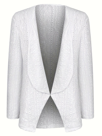 Solid Eyelet Open Front Blazer, Casual Lapel Long Sleeve Outwear For Spring & Fall, Women's Clothing