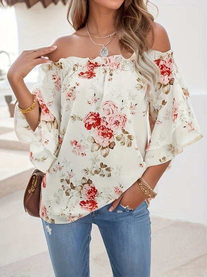 vlovelaw  Floral Print Off Shoulder Top, Elegant Strapless Short Sleeve Top For Summer, Women's Clothing