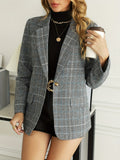 Plaid Print Button Front Blazer, Elegant Lapel Long Sleeve Blazer For Office & Work, Women's Clothing