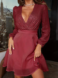 vlovelaw  Contrast Sequin V Neck Dress, Elegant Long Sleeve Party Dress, Women's Clothing
