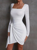 vlovelaw  Squared Neck Knotted Dress, Elegant Solid Long Sleeve Dress, Women's Clothing