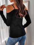 vlovelaw  Open Shoulder Lace Trim V Neck T-shirt, Casual Loose Long Sleeve Fashion Waist Spring Fall T-Shirts Tops, Women's Clothing