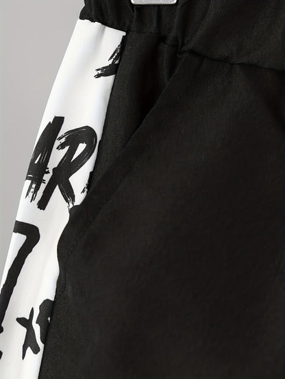 Girls Wide-leg Graffiti Side Taping Trendy Cargo Pants For Streetwear K-pop Style