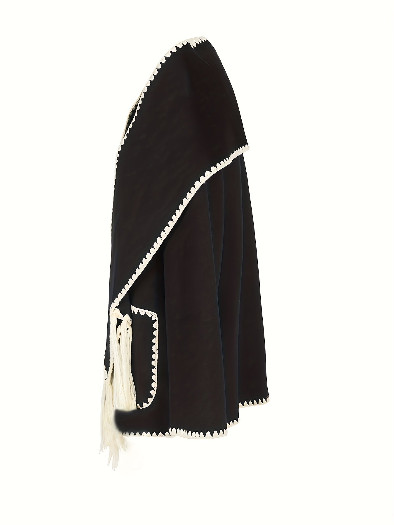 vlovelaw  Contrast Trim Tassel Coat, Elegant Long Sleeve Button Front Outerwear, Women's Clothing