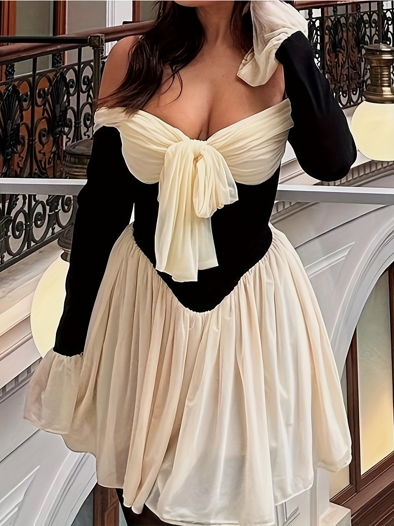 vlovelaw Asymmetrical Color Block Mini Dress, Elegant Long Sleeve Dress For Party & Club, Women's Clothing