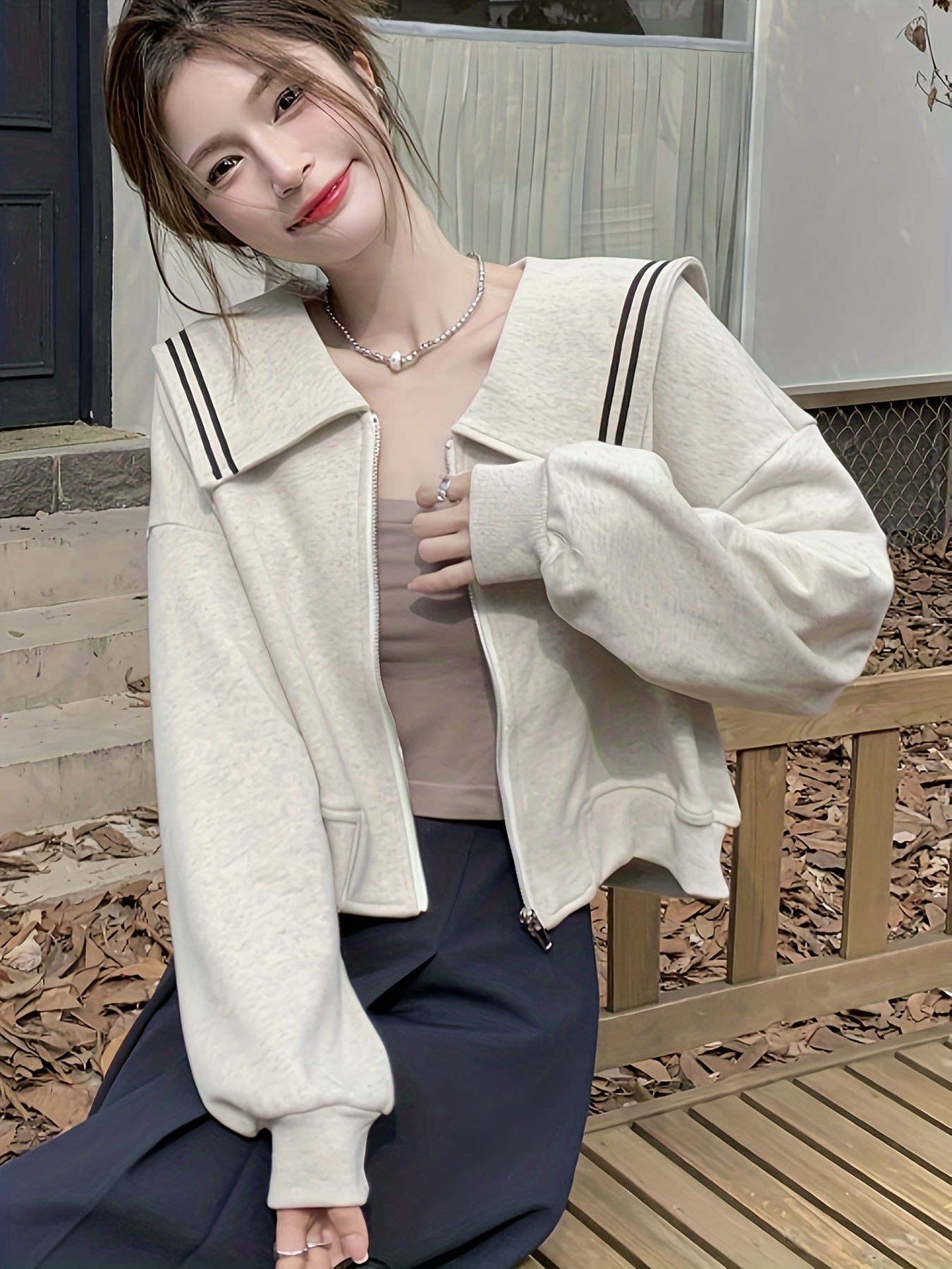 vlovelaw  Zip Up Turndown Collar Knit Cardigan, Casual Long Sleeve Loose Stylish Sweater, Women's Clothing