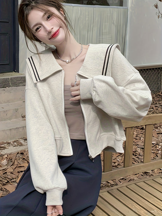 vlovelaw  Zip Up Turndown Collar Knit Cardigan, Casual Long Sleeve Loose Stylish Sweater, Women's Clothing