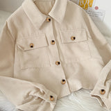 Flap Pockets Corduroy Crop Jacket, Casual Long Sleeve Jacket For Fall & Winter, Women's Clothing