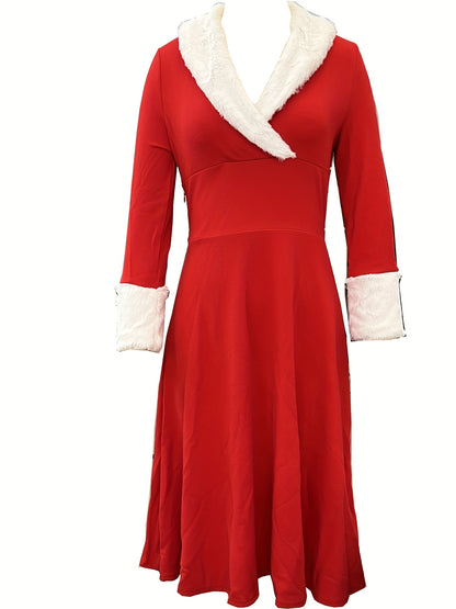 Fuzzy Solid Dress, Vintage V Neck Christmas Party Midi Dress, Women's Clothing