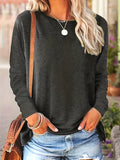 Plus Size Casual T-shirt, Women's Plus Solid Long Sleeve Round Neck Slight Stretch T-shirt