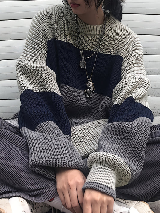 vlovelaw  Color Block Crew Neck Pullover Sweater, Vintage Long Sleeve Oversized Slouchy Sweater, Women's Clothing