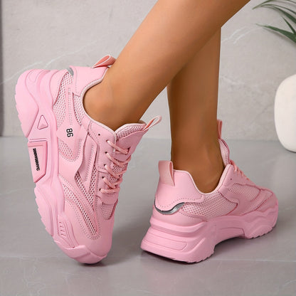 vlovelaw  Women's Solid Color Casual Sneakers, Lace Up Breathable Soft Sole Sporty Trainers, Versatile Low-top Platform Shoes