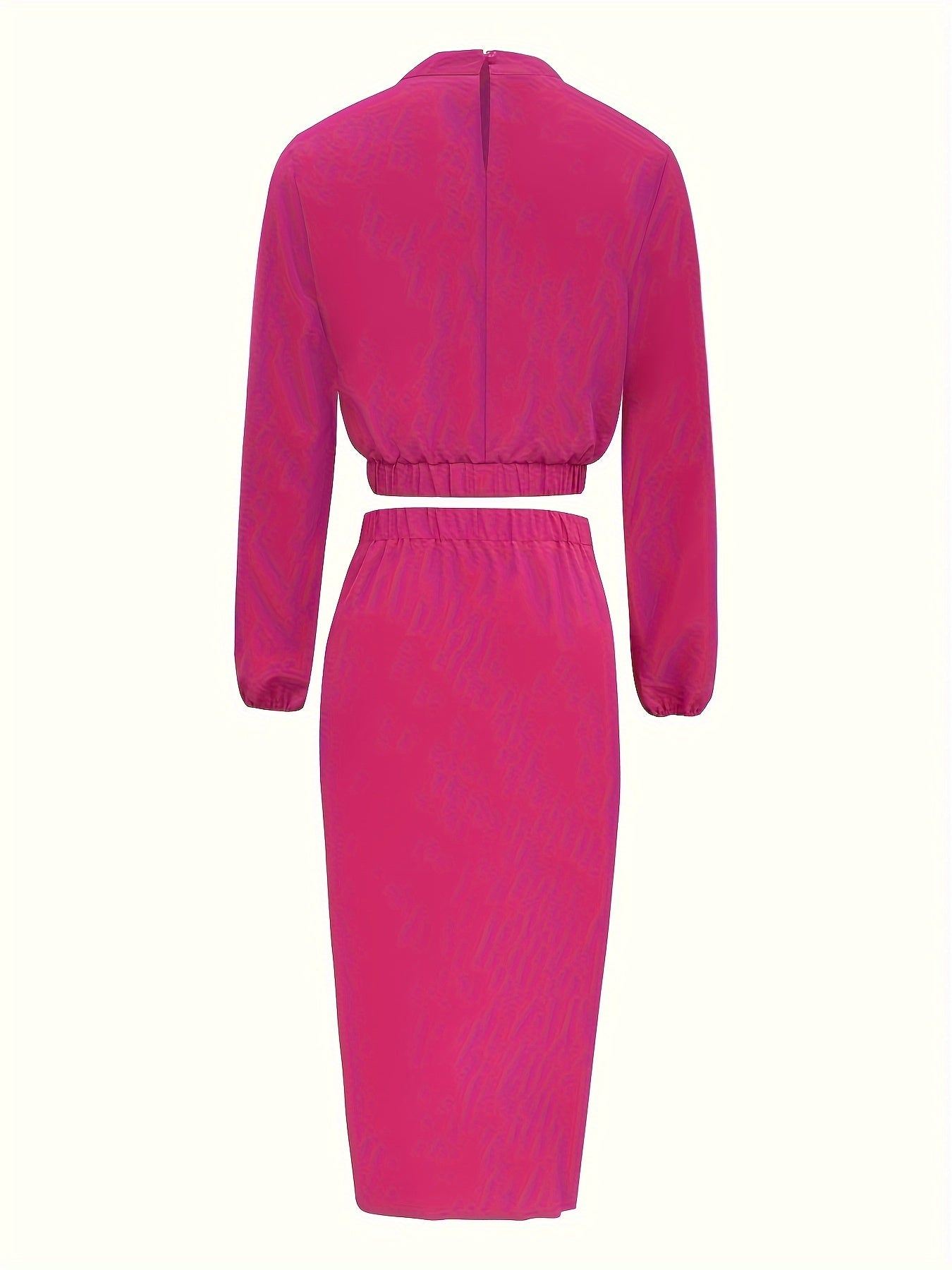 vlovelaw  Solid Color Two-piece Skirt Set, Mock Neck Long Sleeve Crop Top & Knotted Elastic Waist Skirt Outfits, Women's Clothing
